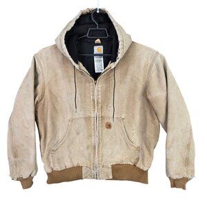 Mens Vintage Carhartt Tan Hooded Work Jacket Heavy Duty Canvas Quilted Lining L